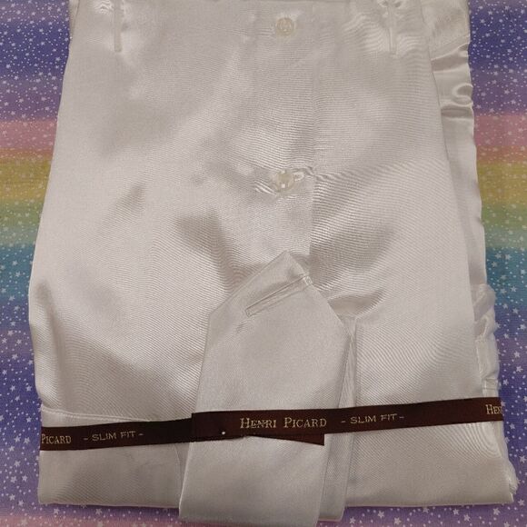 HENRI PICARD MENS WHITE SATIN COMBO SLIM FIT SHIRT. S100. - Picture 2 of 3
